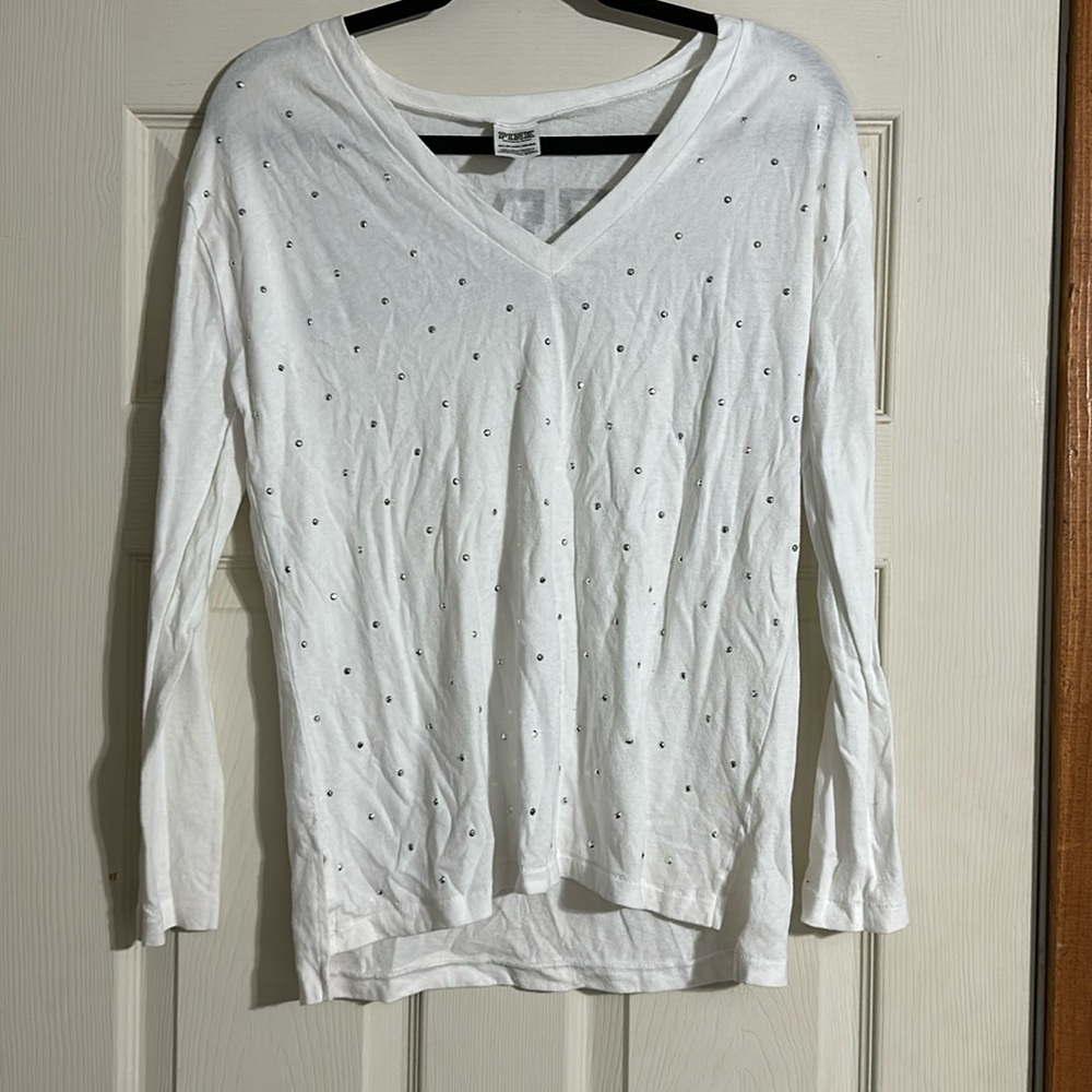PINK V-Neck White Longsleeve Size:XS